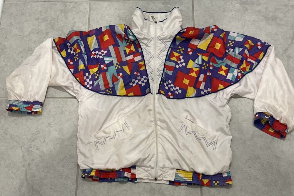 Vintage JANEVE Colorful Retro 80's Nautical Flags Style Bomber Jacket Large.